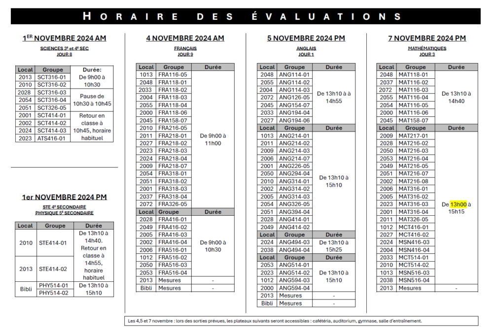 Horaire et locaux novembre 2024